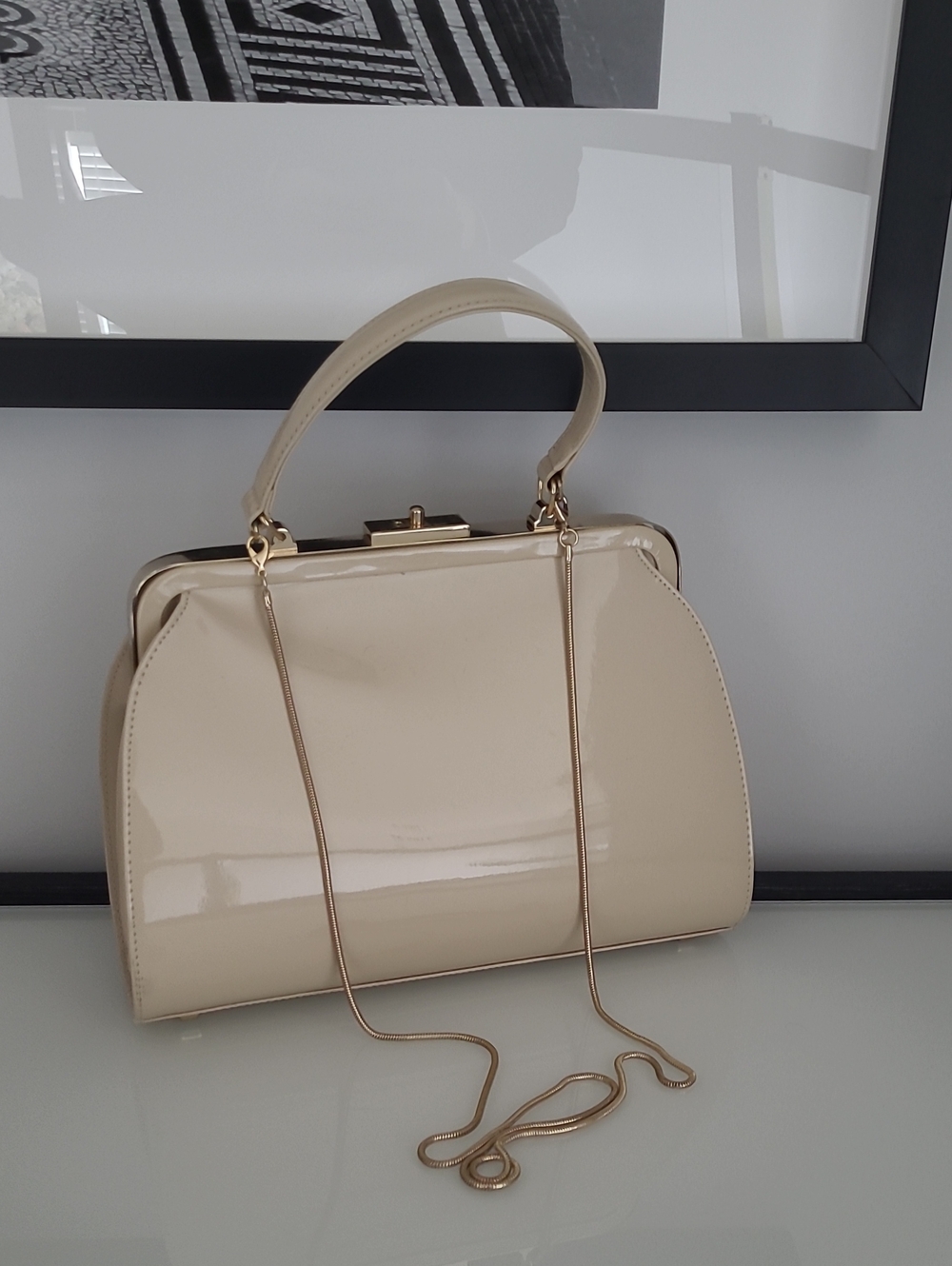 Peeptoe Elegant Cream Patent Top-Handle Bag with Gold Chain